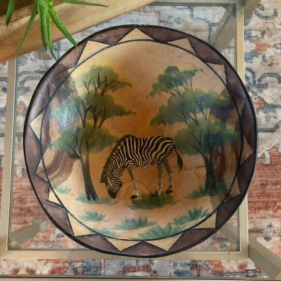 Vintage Wooden Hand Carved African Safari Bowl, Hand Painted Zebra Dish - Picture 1 of 10